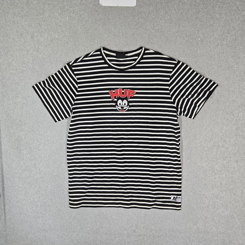 HUF Men Shirt M Black Embroidered Striped Felix Cat HUF X SST NWT